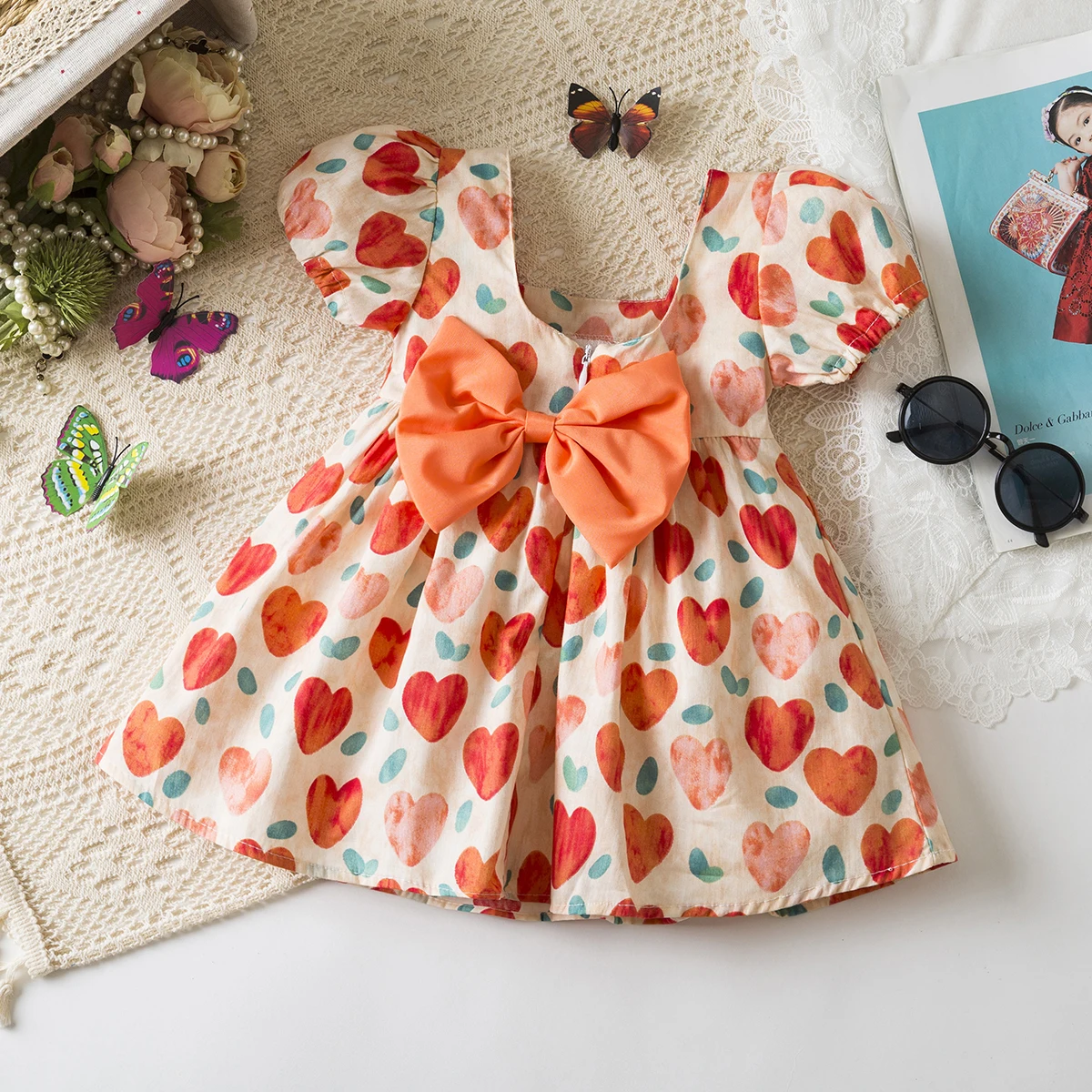 Baby Girl Dress Summer Cotton Bow Heart Shaped Printed Bubble Sleeves Girls Dresses Cute Casual Birthday Party Baby Girl Clothes