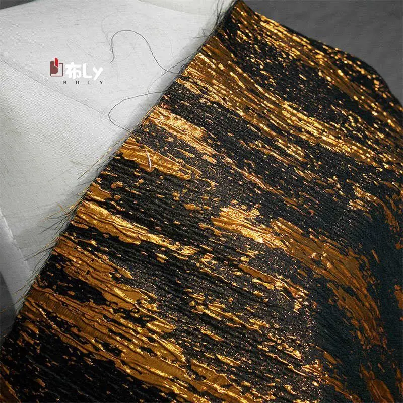 Retro Gold Stripe 3D Bark Jacquard, Heavy Texture Fabric for Coat Pants Hanfu, Designer Material