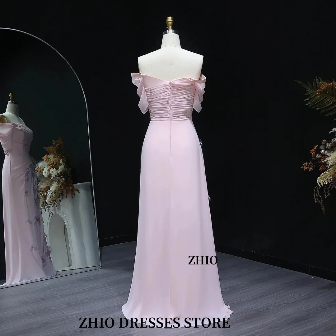 ZHIO Elegant Pink 3D Flower Shoulder Stripping Formal Evening Dress Chiffon Women Wedding Dress Prom Dress Customized