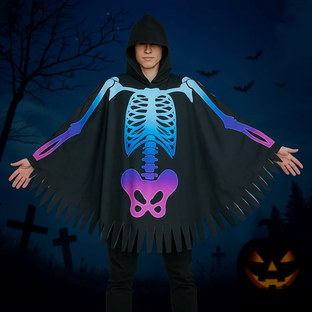 

Funny Cloth Skeleton Cape Goth Hooded Halloween Props Ghost Performance Skull Bones Cloak Club