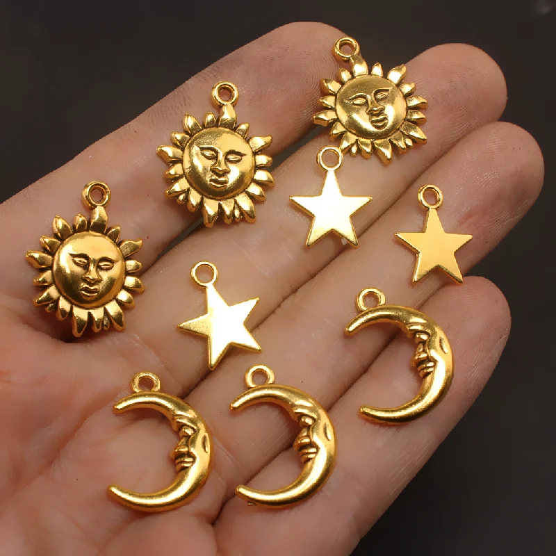 15pcs Mixed Antique Gold Color Sun Moon Star Alloy pendant DIY Charms Bracelet Earrings Jewelry Carfts Making M2200