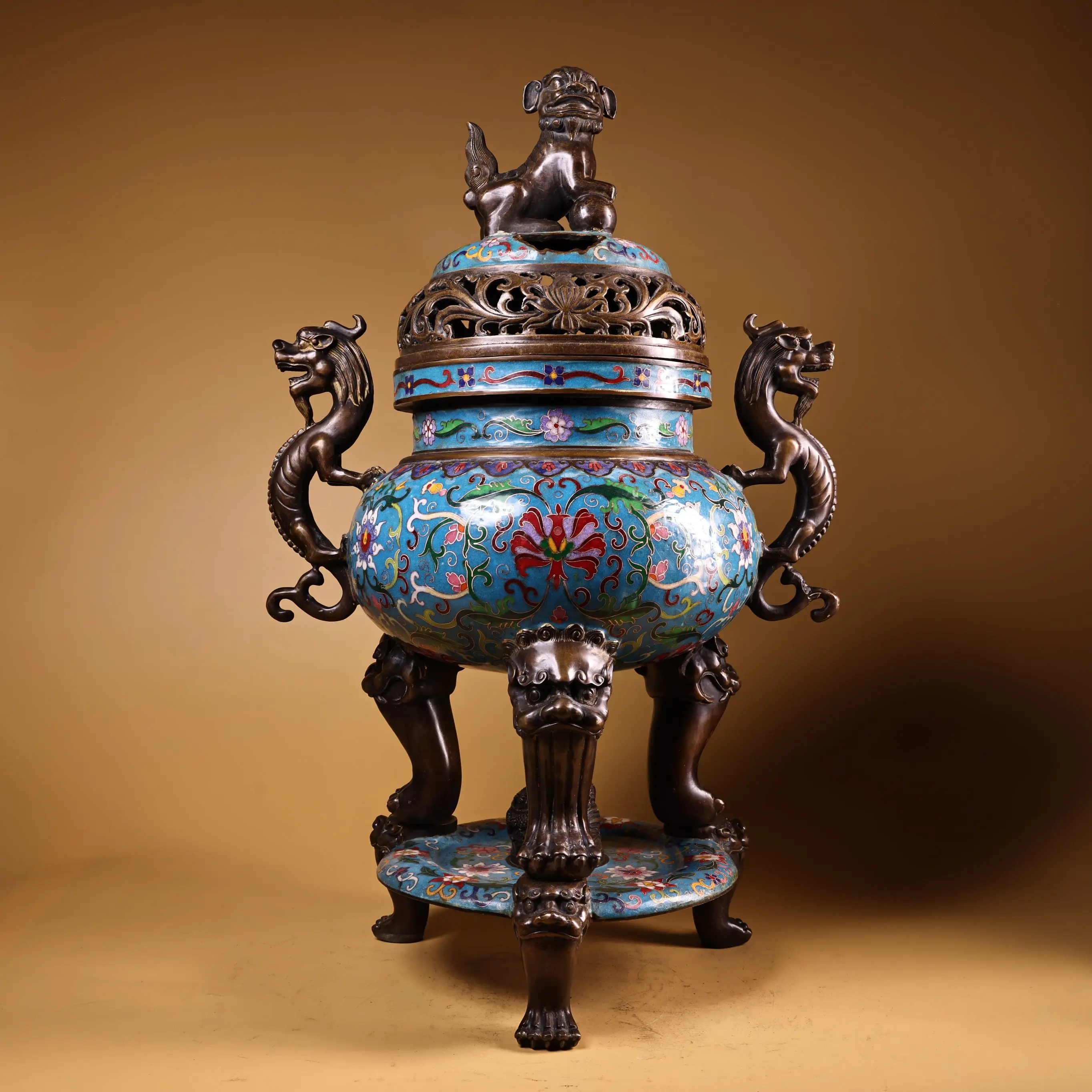 

24"Tibetan Temple Collection Old Bronze Cloisonne Enamel Lion statue cover Dragon Ear Three Legged Incense Burner Base