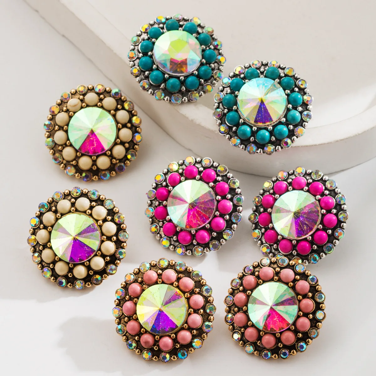 Bohemian Vintage Round Stud Earrings Shiny Aurora Gemstone Center Beaded Border Retro Disc Statement Jewelry For Tribal Festive