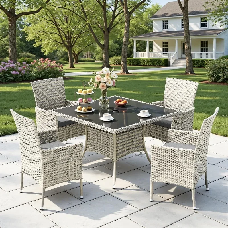 Outdoor Dining Set, 5-Piece Patio Furniture Set with Tempered Glass Table and 4 Cushioned Chairs, Dual-Strand Wicker Rattan