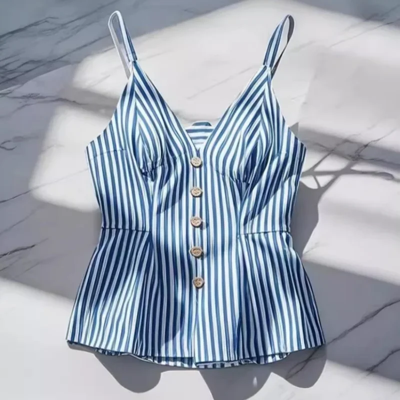 

Korean Beautiful Sexy Blue Striped Tank Top Women Summer Sleeveless Strap Shirt Female Casual Chic Slim Blouse Office Lady