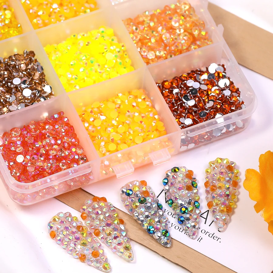9 Grids 3D Orange Yellow Nail Rhinestone Kit, Mixed Round Flatback Crystal Gems for Nail Art & DIY Craft