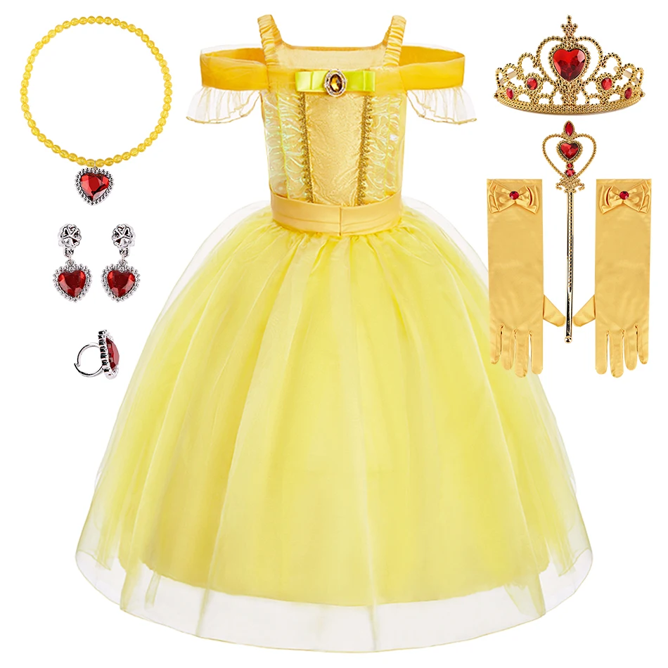 Crianças Princesa Estilo Cosplay Vestidos com Acessórios, Belle Meninas, Carnaval, Festas de Aniversário, Fancy Dance Performance Roupas