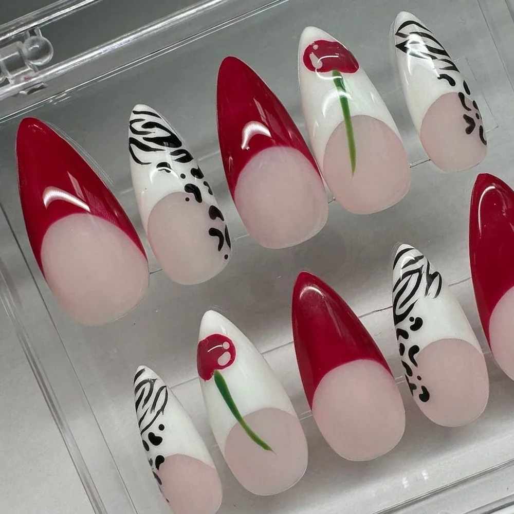 French Handwork Cherry Press On Nails Art Party Sticker Nude Pink Red White Zebra Print Short Stiletto Nails Art Halloween Gift