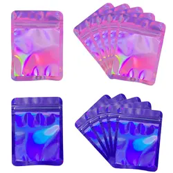 Sacs à fermeture éclair holographiques transparents refermables, emballage de bijoux à bricoler soi-même, faveur de fête, stockage des aliments, odeur, arc-en-ciel, lot de 50 pièces