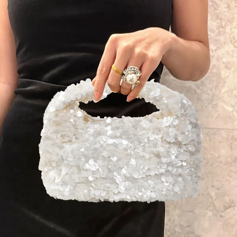 

White Sequins Luxury Designer Handbag Women Exquisite Evening Party Clutch Bag Rectangle Shape Dress Hobo Bags Solid Small Purse