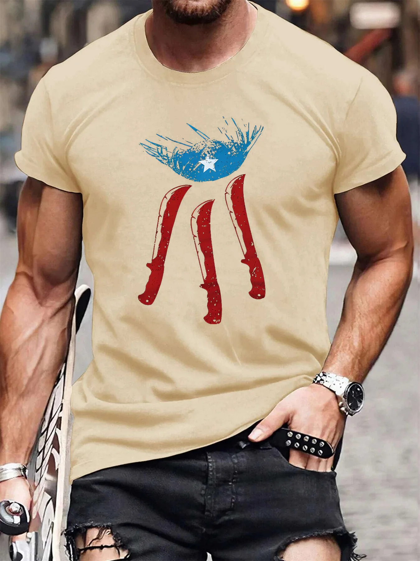 

Summer Men's Casual Loose Plus Size Simple Puerto Rican Style Printed Comfortable Round Neck Short Sleeve T-shirt Street Clothes