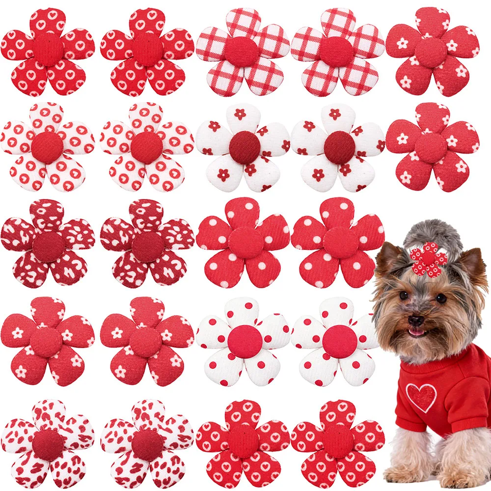 10/20/30 Stück Rote Blumen-Haarschleifen für Hunde mit Gummibändern, Handgefertigte Welpen-Haarschleifen, Niedliche Haarschmuck-Accessoires für Hunde zum Neuen Jahr – Detail 1