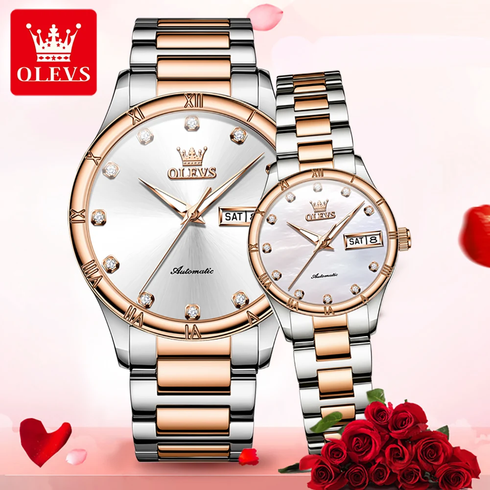 OLEVS Couple Watches Casual Fashion Original Automatic Mechanical Lover Watch Waterproof Stainless Steel His and Her Watch