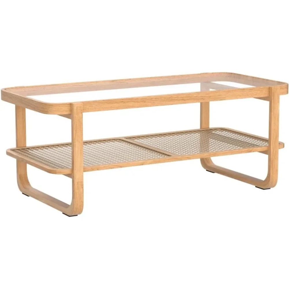 Mesa de centro de ratán con tapa de vidrio templado, estante de almacenamiento de ratán de imitación, mesa de centro de madera rectangular con tapa de vidrio