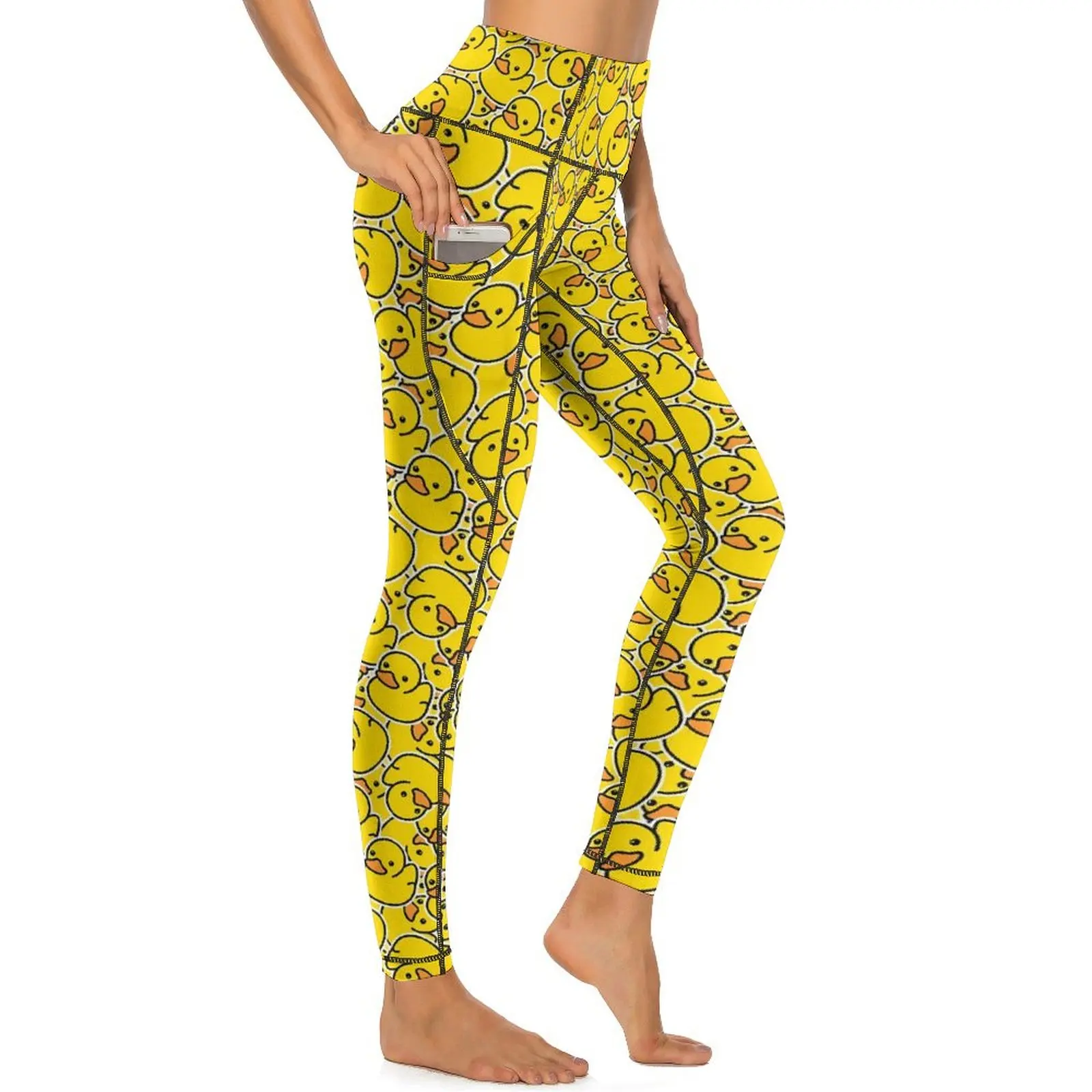 Yellow Classic Ducks Yoga Pants Pockets Kawaii Animal Leggings Sexy Push Up Funny Yoga Sports Tights Stretch Design Gym Leggins