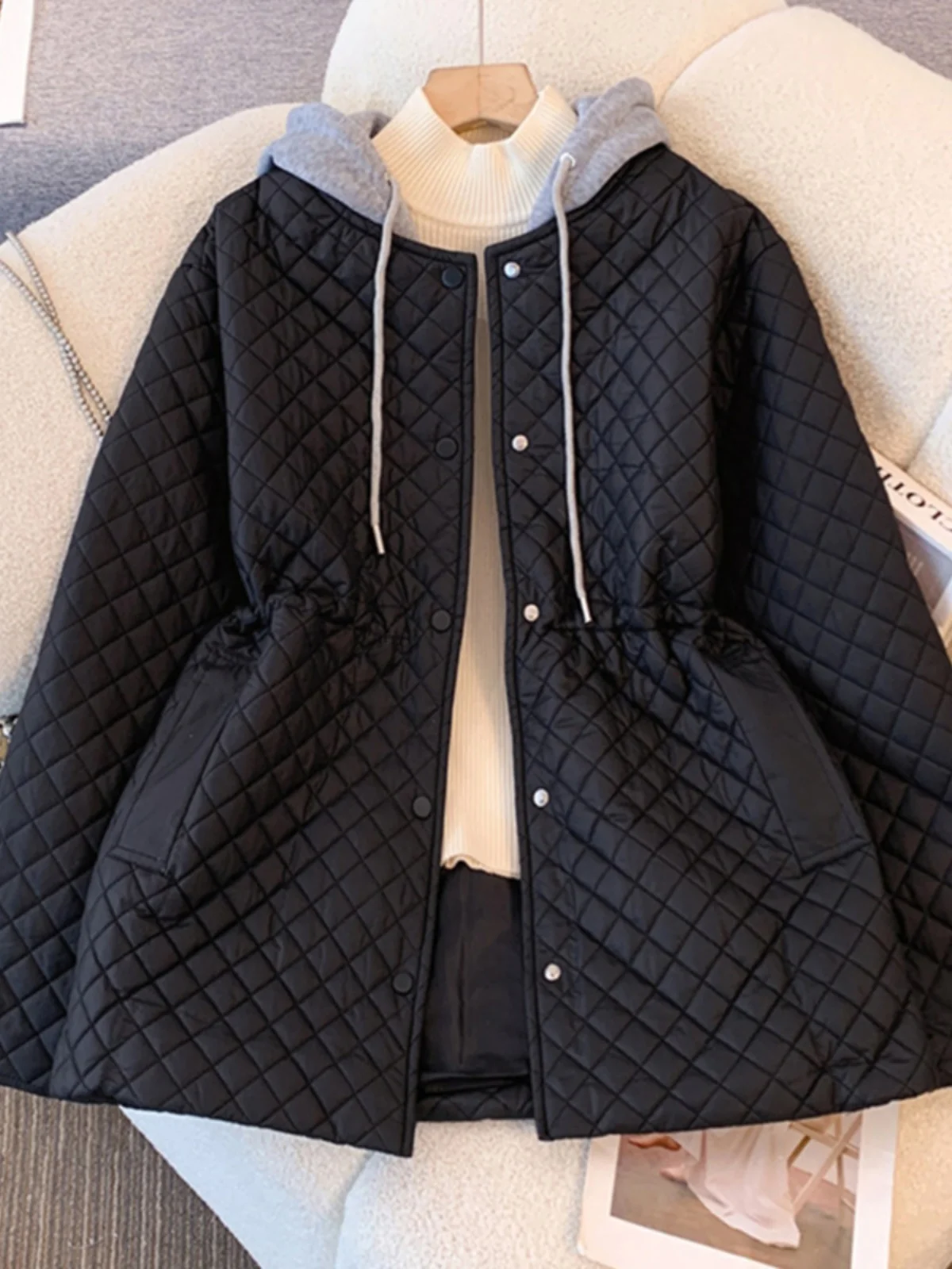 

Женское стеганое хлопковое пальто с капюшоном, легкое пальто с ромбовидным узором, весна-осень-зима, сезонное модное пальто