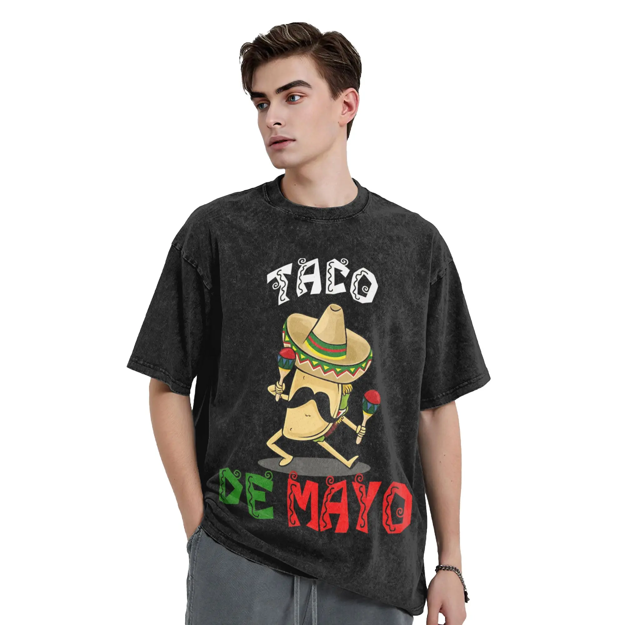 Taco Dance Cinco De Mayo Mexican Washed T Shirt Streetwear  Vintage T-Shirt  Tees Tops Men Women Short Sleeve Harajuku Graphic