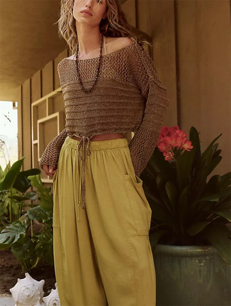 Wanita Seksi Hollow Keluar Crochet Bikini Cover Up Lengan Panjang Pantai Cover-Up Blus Rajut Crop Top Tipis Sweater Blusa