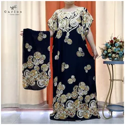 Muslim Abayas For Women Dubai Stretch Print Cotton Loose Fit African Elegant Dresses Caftan Marocain Femme Robe With Headscarf