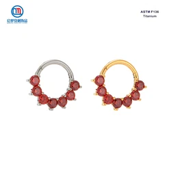 QM ASTM F136 Titanium Red Zircon Nose Ring Clicker Hinged Segment Helix Earring Body Piercing