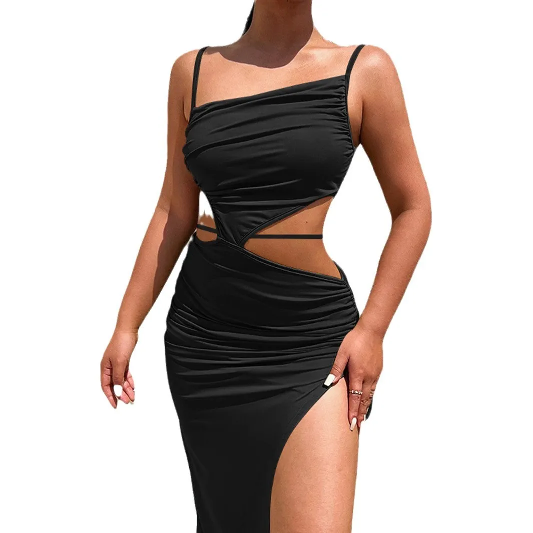 Elegantes Kleid Sexy Cut Out Kordelzug Geraffte Lange Kleider Für Frauen Sommer Urlaub Club Party Schlitz Kleid Vestidos Para Mujer