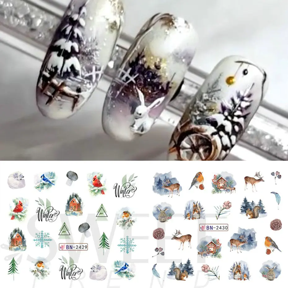 12pcs Winter New Year Nail Stickers Snow Cabin Landscape Bear Blue Elk Snowflake Animal Design Manicure Slider Decoration BEBN