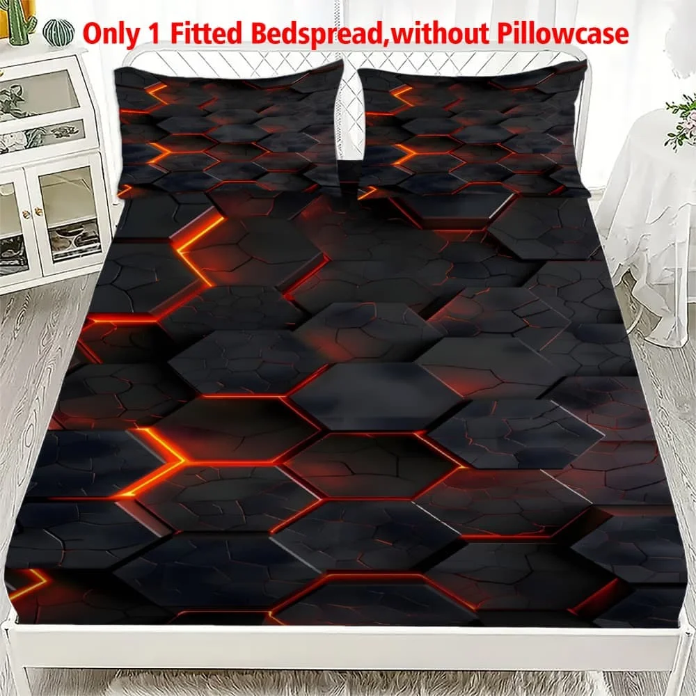 1pc 3D Lava Hexagon Print Fitted Sheet Deep Pocket Elastic Mattress Cover Single Double Queen King Bedroom Decor