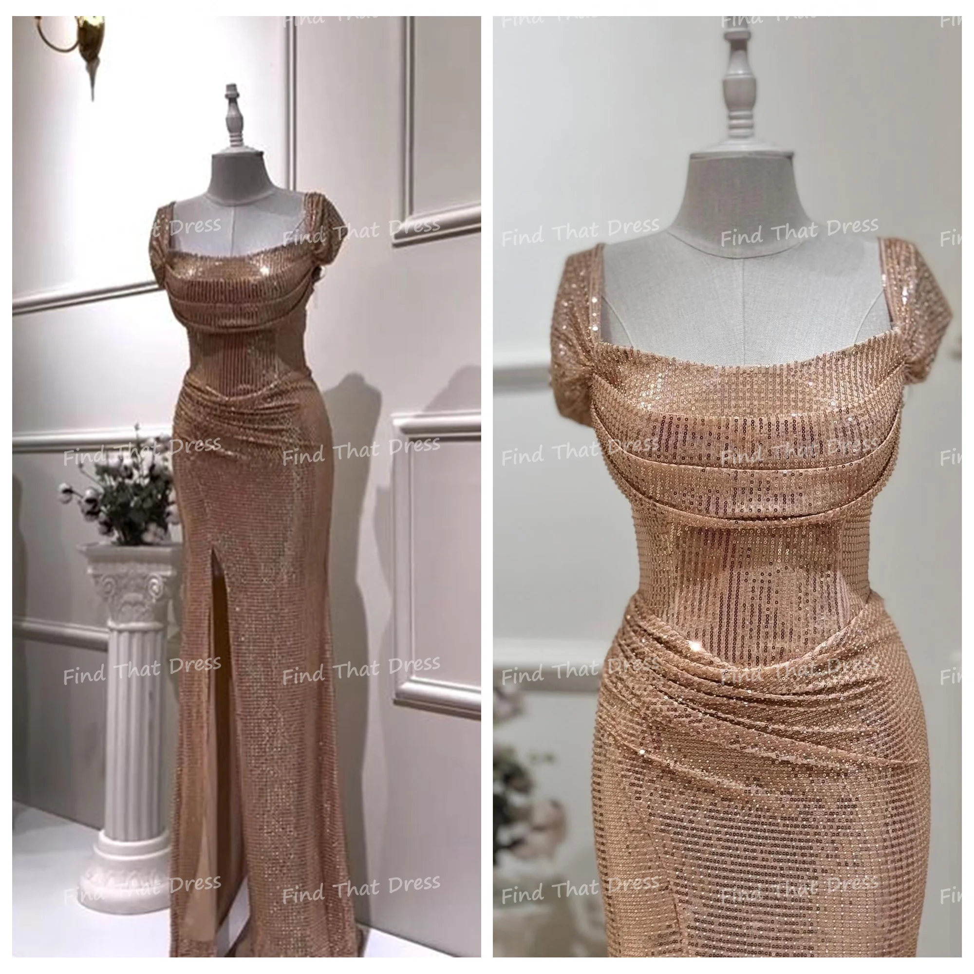 

Custom Made Sparkly Sequins Square Collar Sleeveless Sexy Sheath Evening Gown Side Split Pleated Backless Prom Dress vestidos de