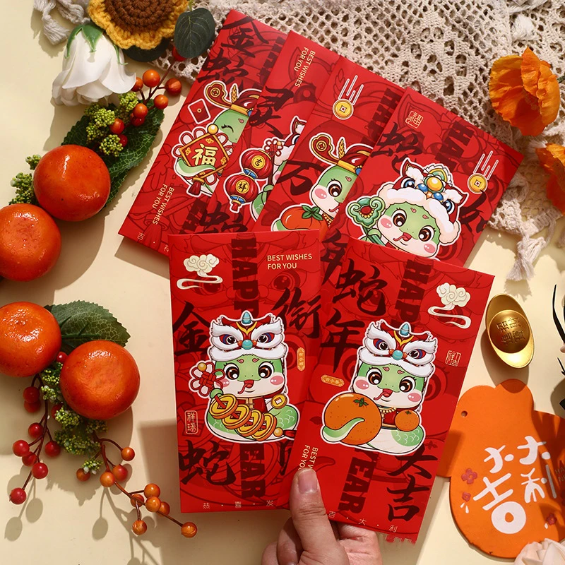 6Pcs 2025 Year Of Snake Chinese Style Red Envelopes Snake Theme Lucky Money Bag Red Packet For New Year Blessing Gift