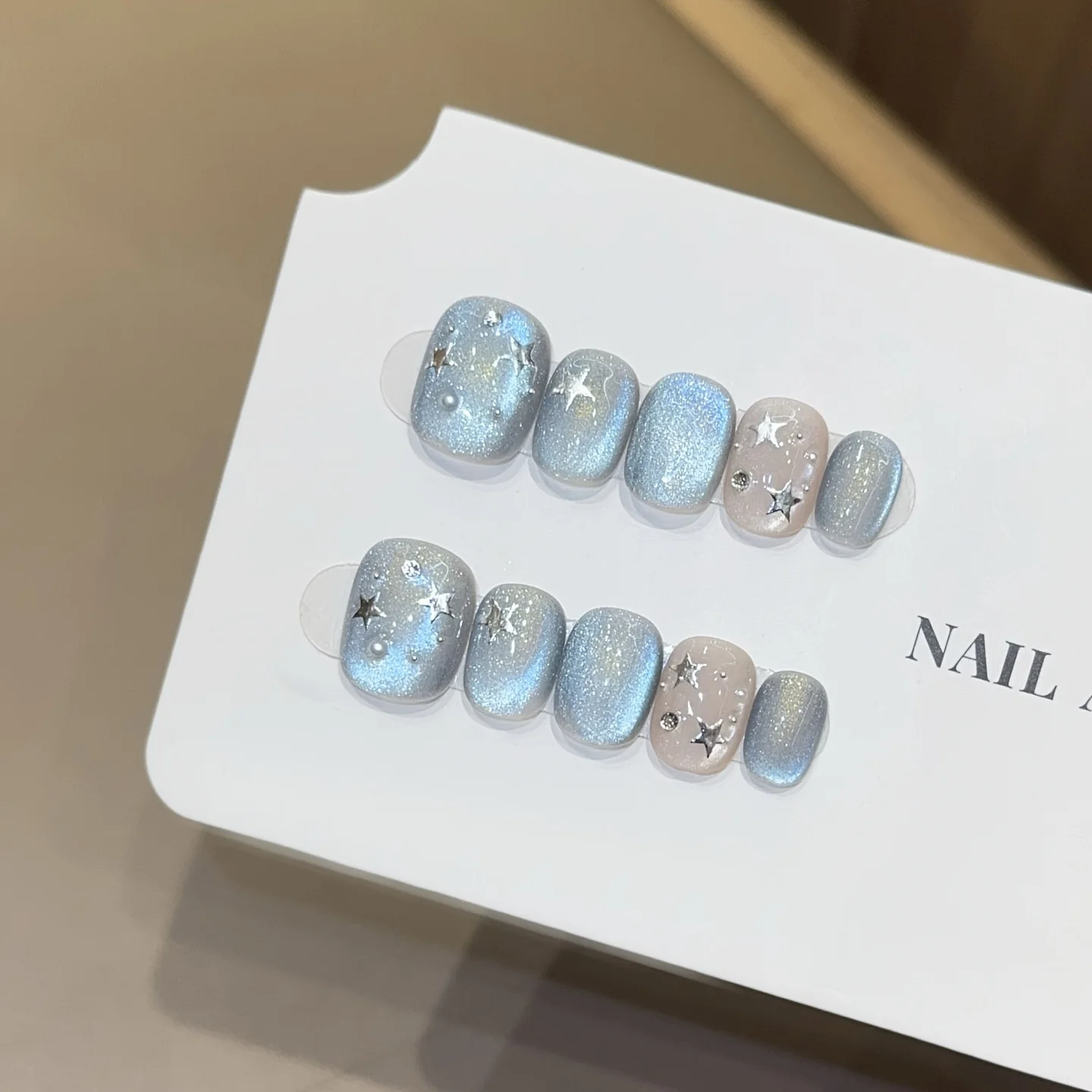 10개 수제 프레스온 네일 블루 스타 캣아이 풀커버 네일 피스 여성&소녀용 짧은 탈부착 가능 웨어러블 가짜 네일