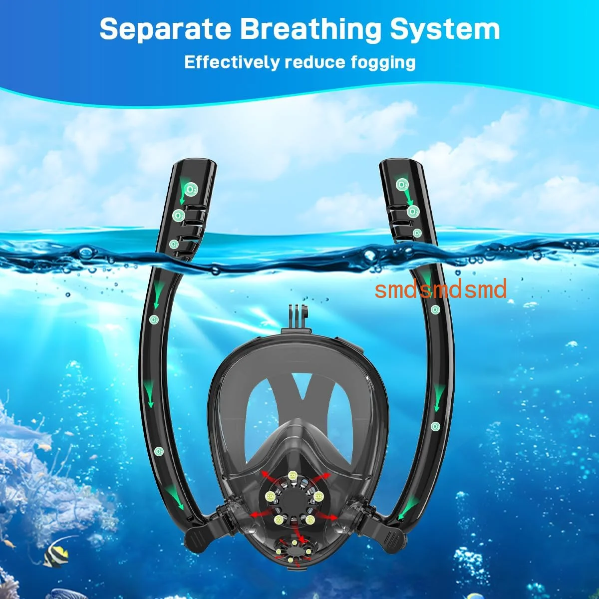 Full Face Snorkel Mask Compatiable with 0.5L/0.7L diving tank, with Anti-Fogand Camera Mount, Support Snorkel & Diving