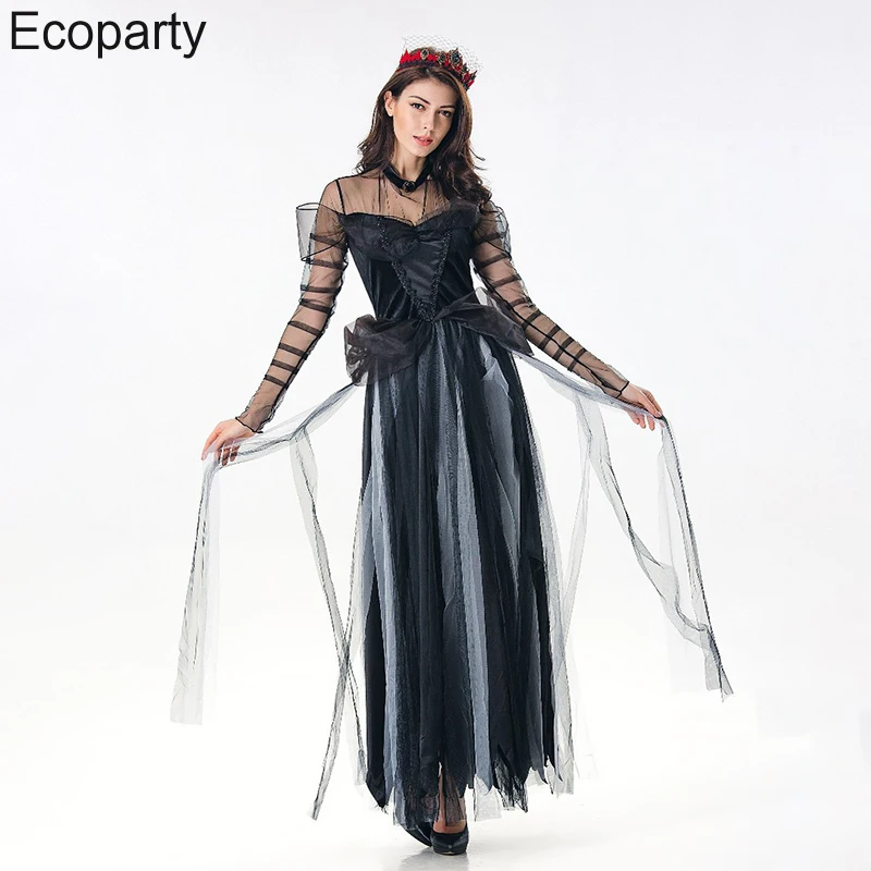 2022 Halloween Vampire Ghost Bride Costume Cosplay per le donne Black Witch Sexy Lace Patchwork abito lungo Carnival Party Dress Up