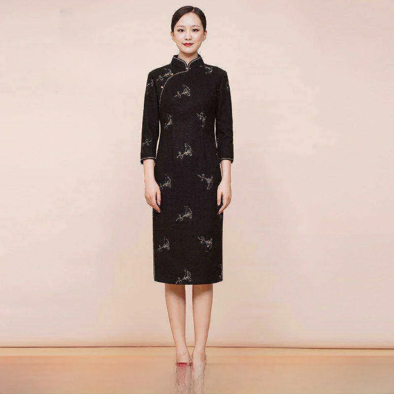 

Autumn Winter Embroidered Floral Ele Lady Light Ceremony Dr ort Sve Retro Sle for Women by Tao Yumei