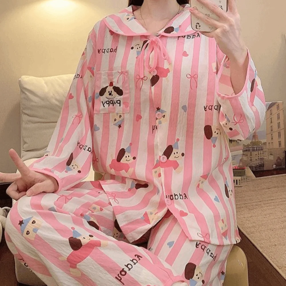 

Comfortable Flip Collar Stripe Pajamas Set Dog Casual Long Sleeves Pajamas Home Wear Penguin Sweet Pajamas Suit Girl