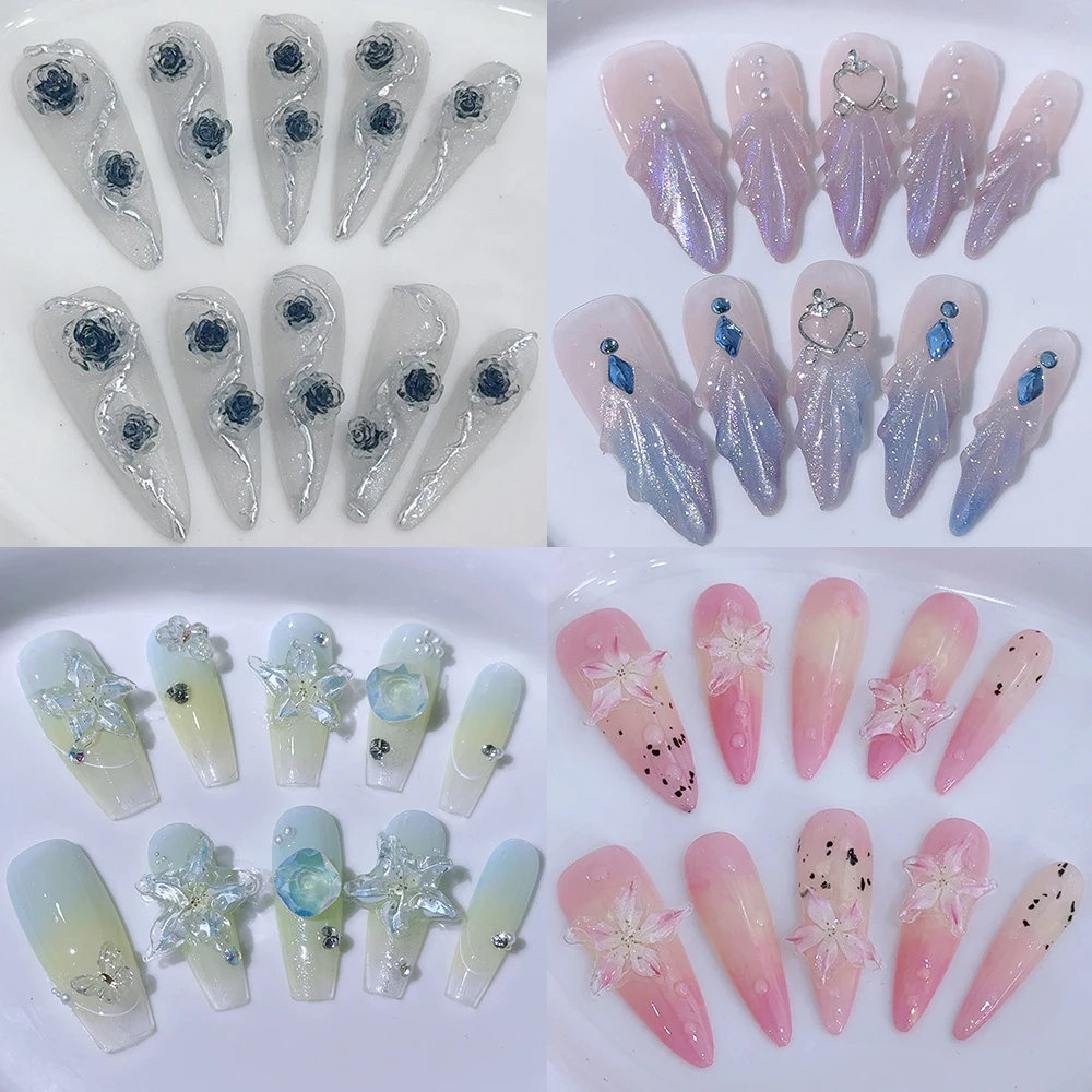 

Handmade France Ballet Wearable Artificial False Nails Diamond 3D Lily Rose Design Press On Nail Tips Holiday Gift