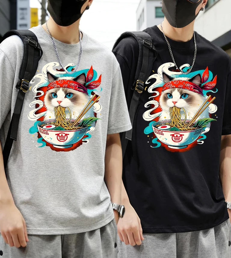 

Cat Fighting With Lamian Noodles Design Men Summer Daily T-Shirt Suit Cotton Soft Streetwear Commute Breathable Short Sleeve
