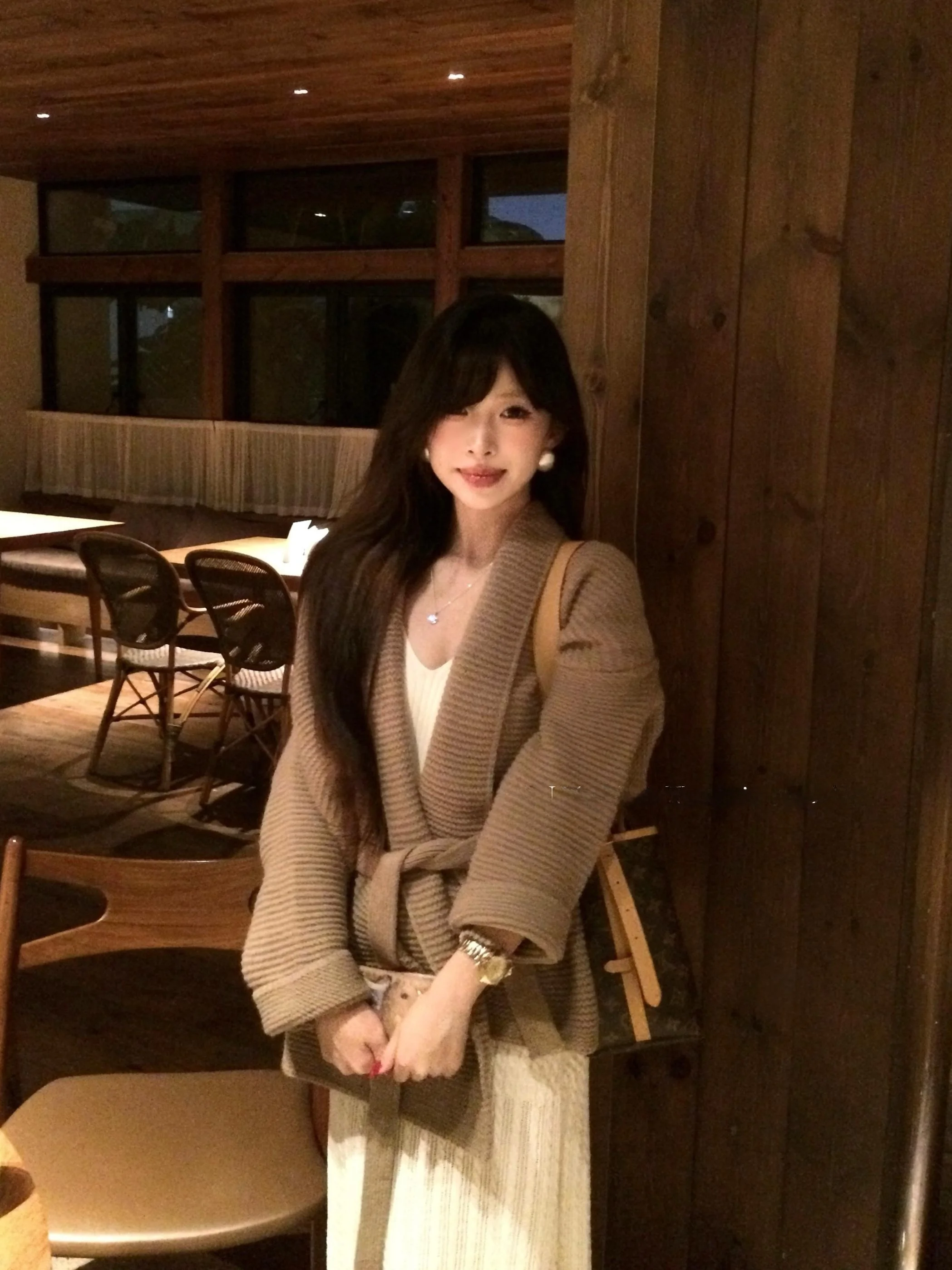 

NogiUnit Warm Heavyweight Knit Lazy Open Cardigan Color Loose Sweater Jaet Commute Sle Long Sve Regular Fit