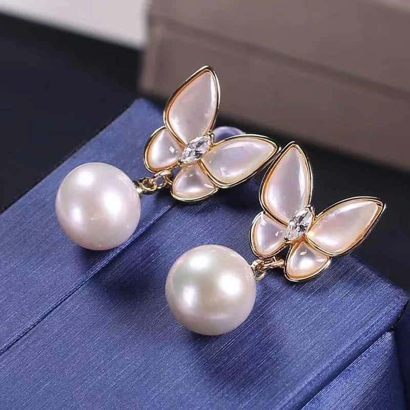 Natural MOP Butterfly Pearl Drop Earrings for Women Korean Jewelry 2023 Trending Fairy Luxury Gold Plated Women's Earrings New