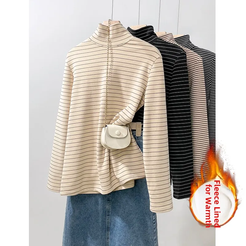 Retro Striped High Collar Women's Long Sleeve T-Shirt Double Faced Fluffy Loose Comfortable Daily Casual Style Autumn Winter