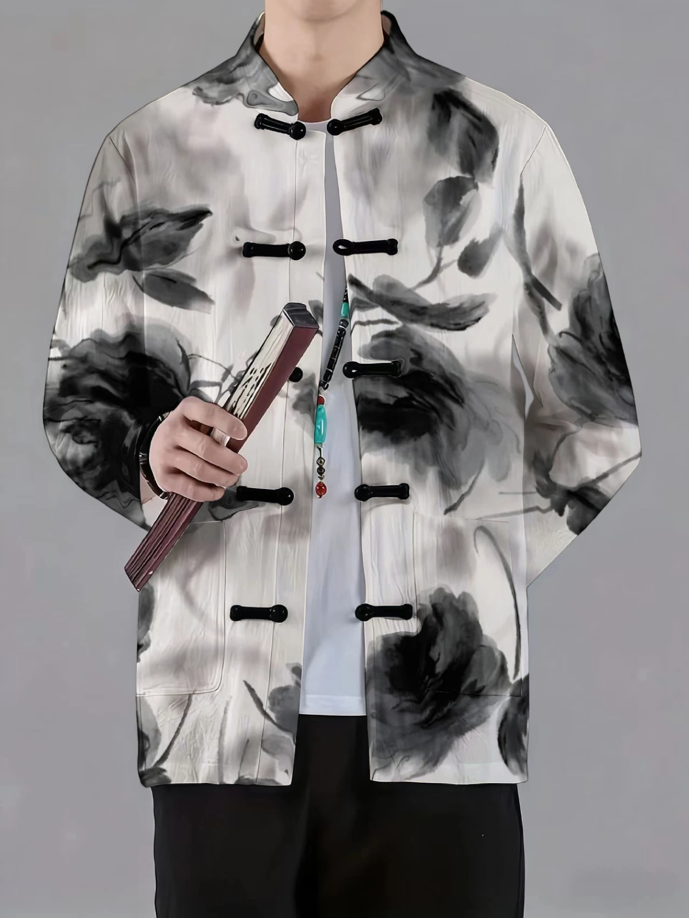 Men Mandarin Collar Frog Button Jacket Ink Cosmic Nature Art Print Traditional Outerwear