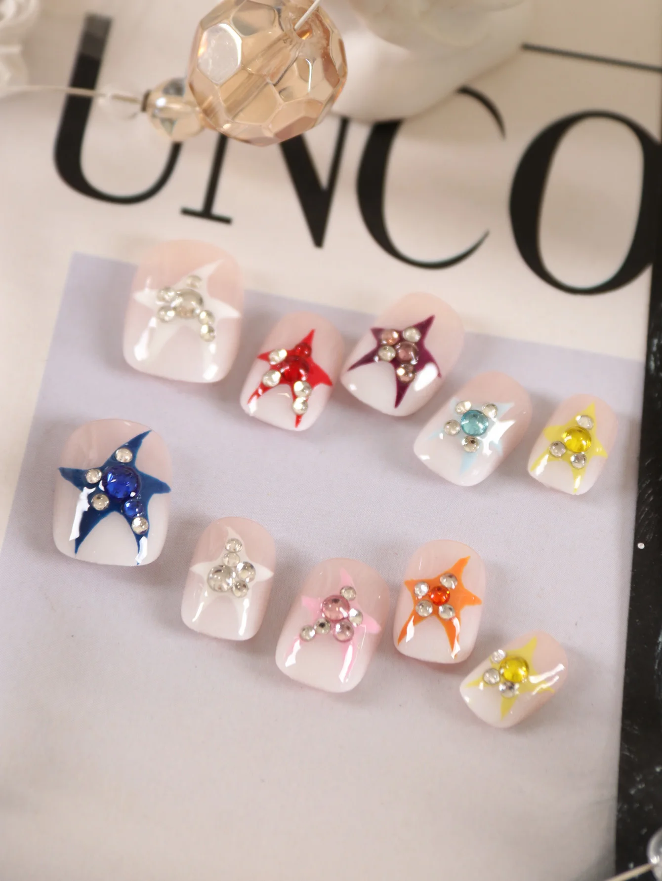 10Pcs Press on Nails Short Multicolored Star Yellow Red White Green Fake Nails Includes 1 Sheet of Adhesive Tabs & 1 Pc Mini File
