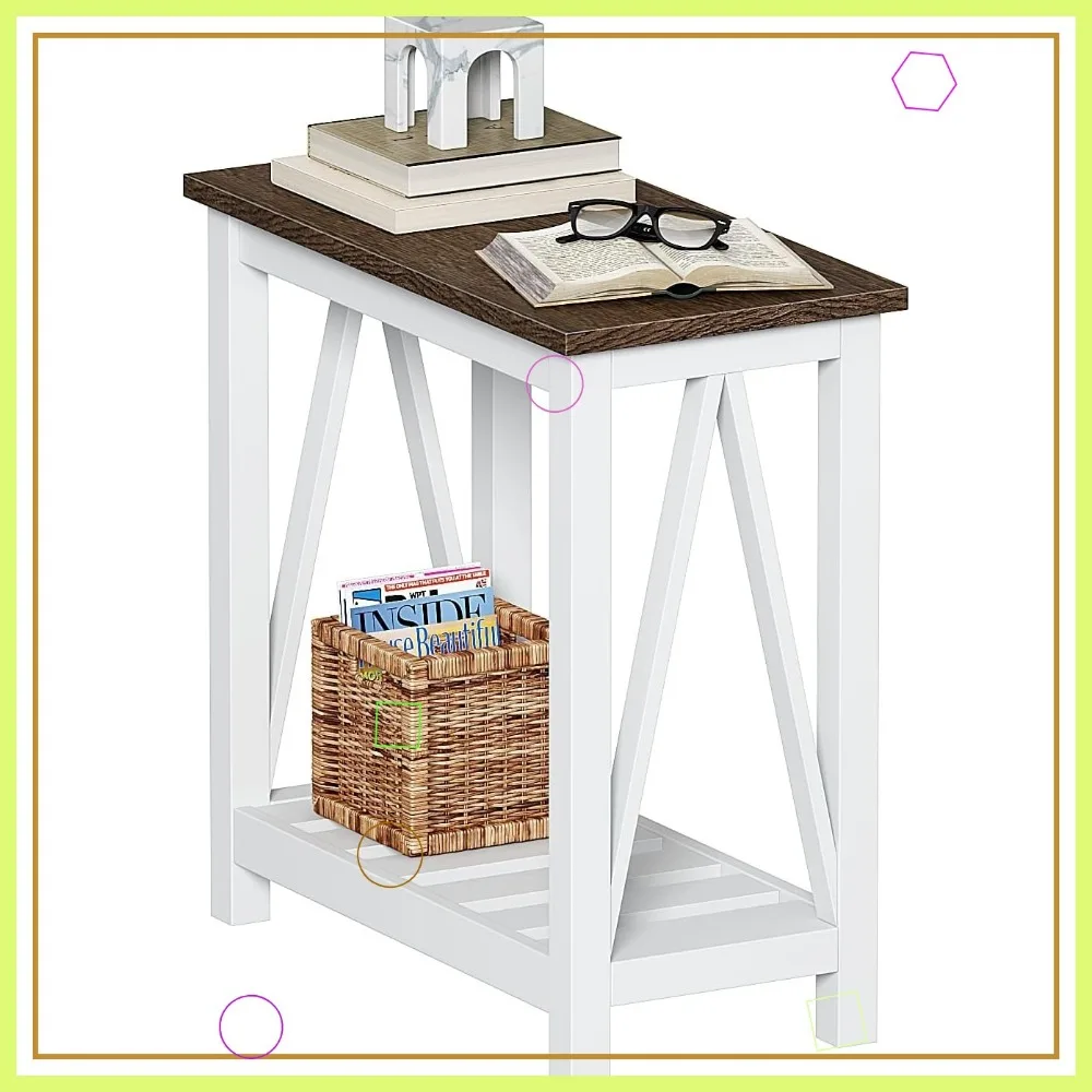 

Farmhouse Narrow Side Table with Storage Shelf, Rustic Nightstand for Living Room and Bedroom in White