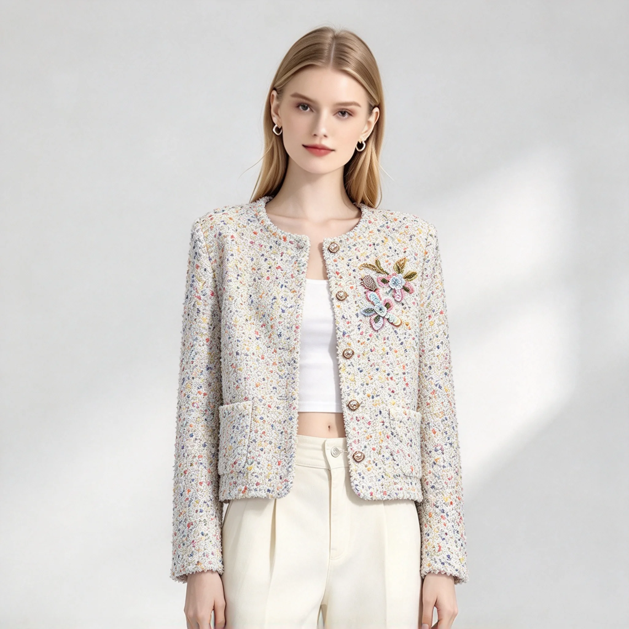 ZJYT Autumn Winter Tweed Woolen Jackets and Coats for Women Fashion Full Sleeves Beading Coat Female Outerwears Loose Tops