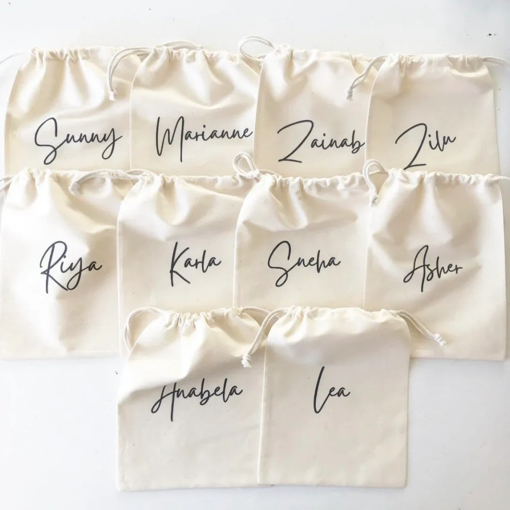 25Minimalist Simplicity Name Lettering Personalized Bridesmaids Bachelorette Custom Print Cotton Drawstring Bags-Print in Canada