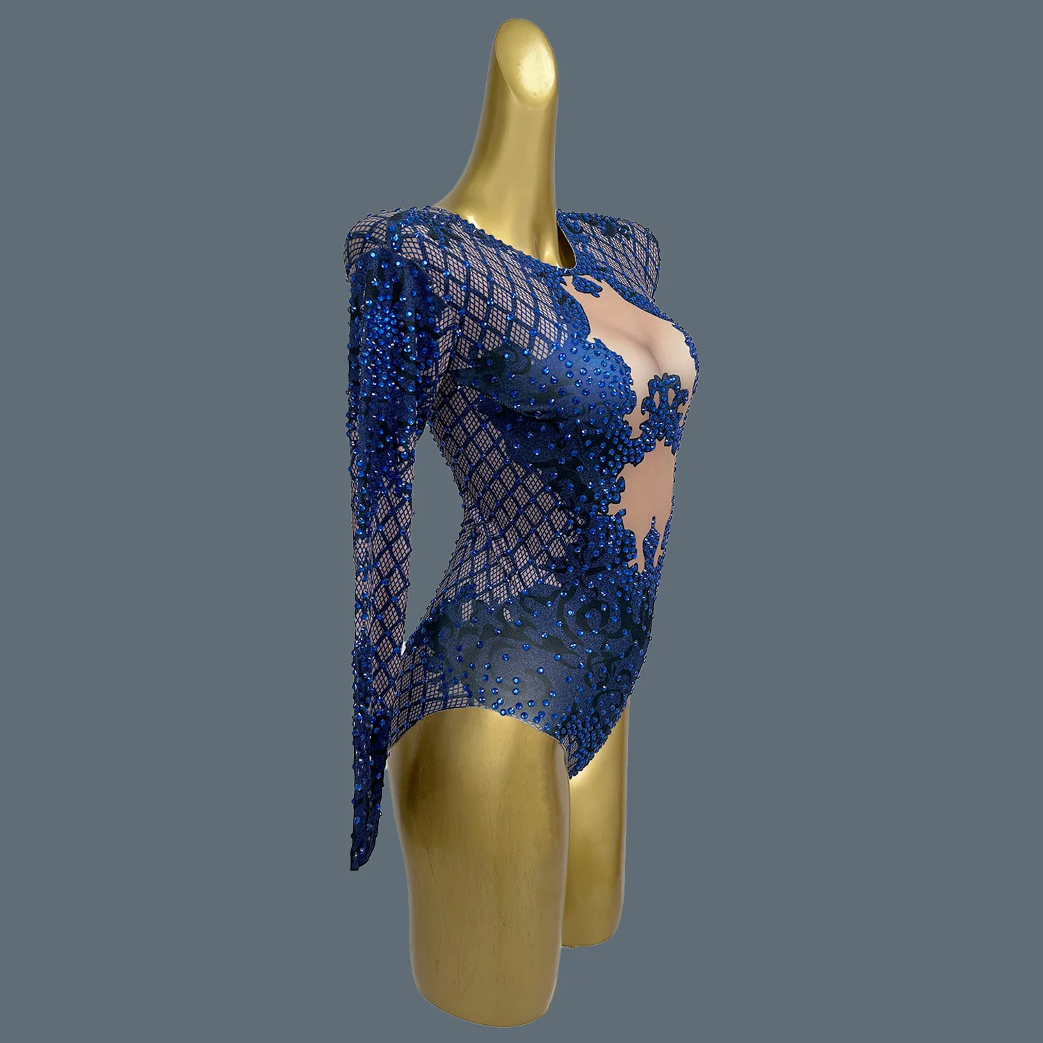 Stage Performance Bodycon Costume Club Show for Women Dance Troupe Rhinestone Blue Bodysuit Elastic Spandex Leotard Lanbaoshi