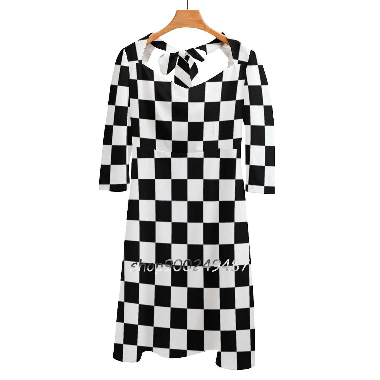 

Black Checkerboard Sweetheart Knot Flared Dress Fashion Design Large Size Loose Dress Checkers Checkerboard Checkerboard