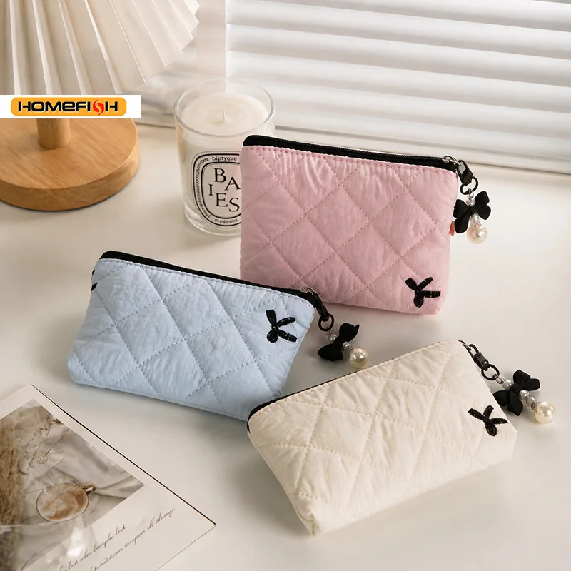 HOMEFISH Gesteppte Schleifen-Make-up-Tasche, Tragbare Reise-Tasche für Lippenstift, Kopfhörer, Kleine Gegenstände, Exquisite Handtasche – Detail 2