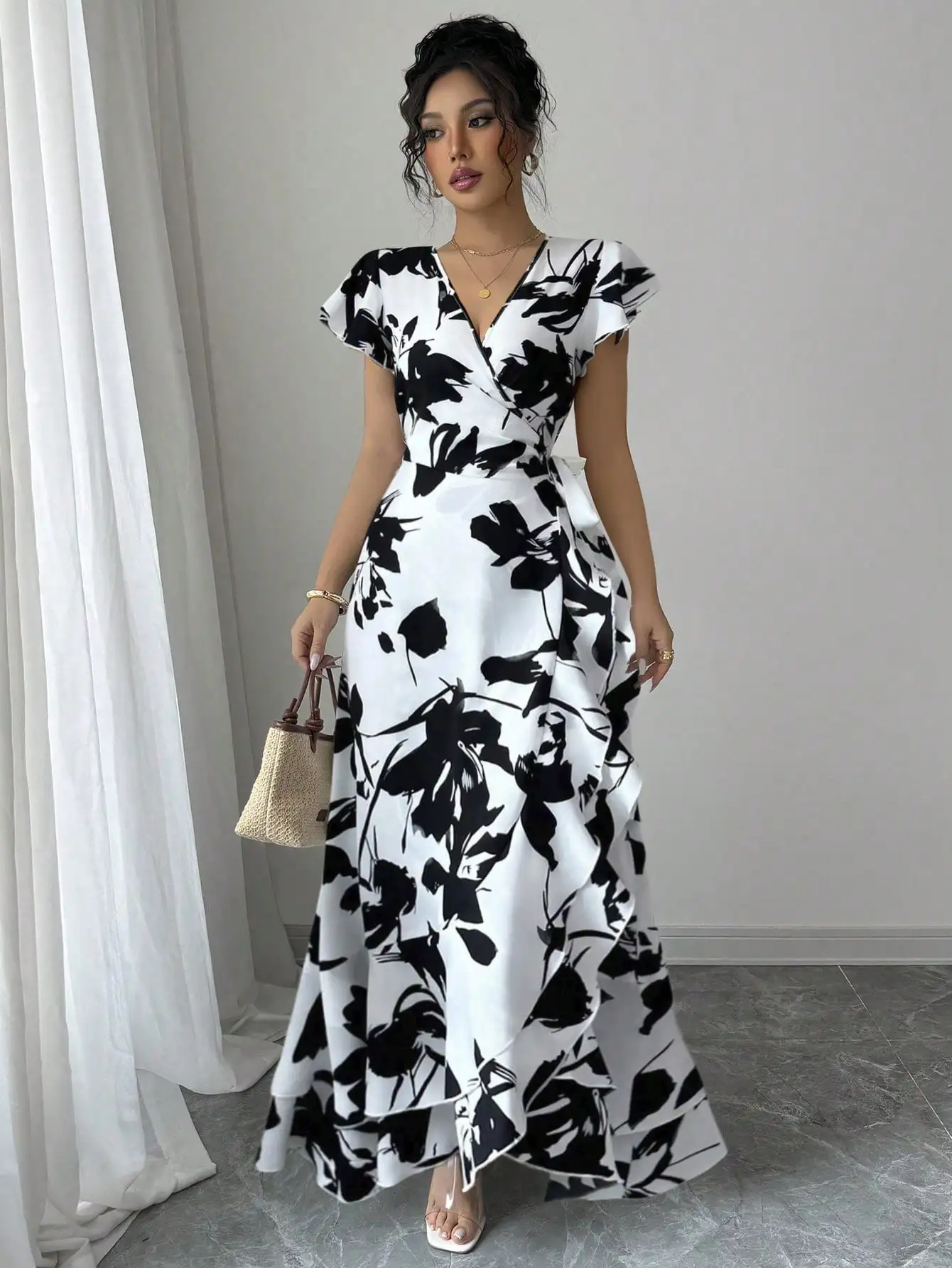 

Women's Black & White Floral Print V-Neck Wrap Maxi Dress with Ruffle Sleeves