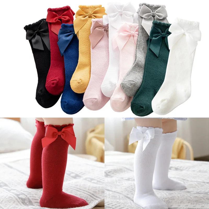 Newborn Baby Socks Toddlers Girls Big Bow Knee High Long Soft 100% Cotton Lace Tube Kids Sock Children Socks For 0-5 Years Old