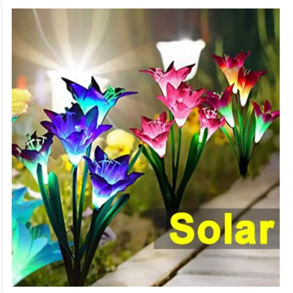 

1pcs Outdoor Solar Lights With 4 Lily Flowers Ip65 Waterproof Adjustable For Garden Pathway Patio Landscape Decor Dropshipping